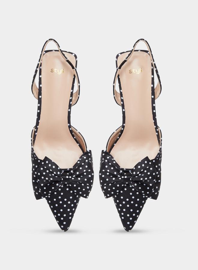 Styli Black Polka Dot Bow Slingback Shoes - Image 5
